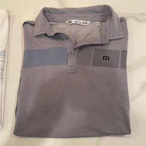 Travis Mathew Charcoal Grey Polo with Teal, Grey, & Black Gradient Chest Stripes
